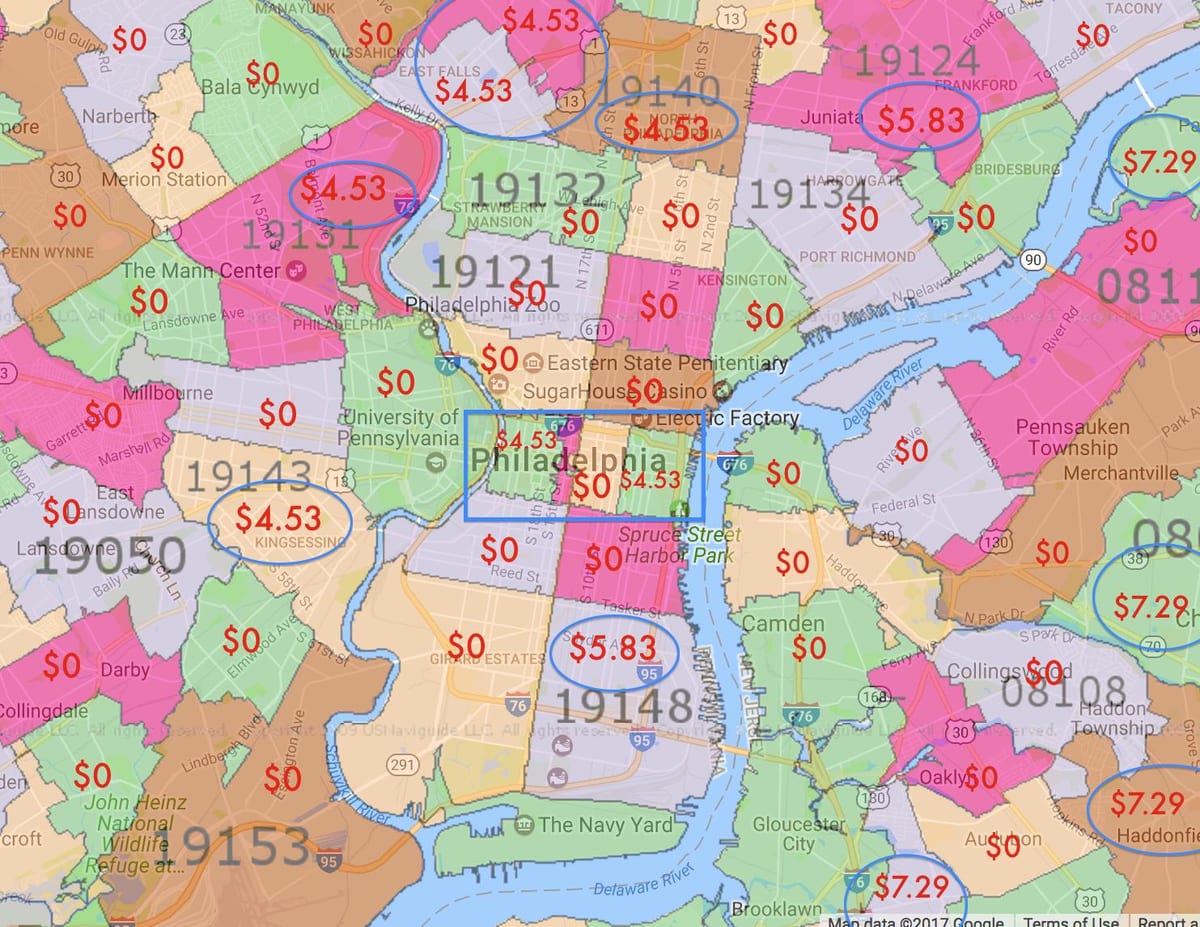 Philadelphia og de omkringliggende områder kort