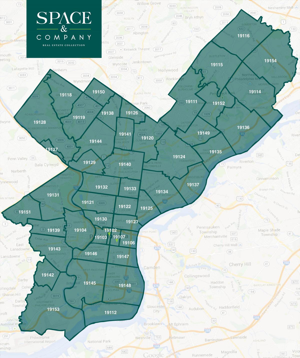 kort over Philadelphia kvarterer og postnumre